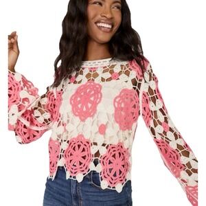 Women's Crochet Granny Square Sweater Top S/M Cottagecore Boho Pink Cropped